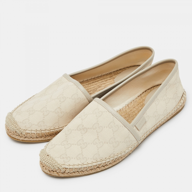 Pre Owned Gucci Beige GG Canvas and Leather Slip On Espadrille Flats Size 38