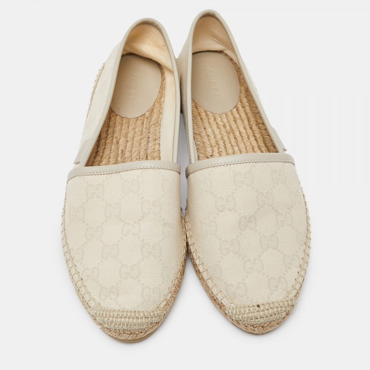 Pre Owned Gucci Beige GG Canvas and Leather Slip On Espadrille Flats Size 38