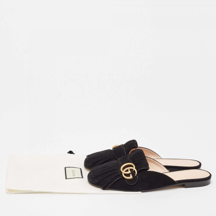 Pre Owned Gucci Black Suede GG Marmont Fringed Flat Mules Size 40