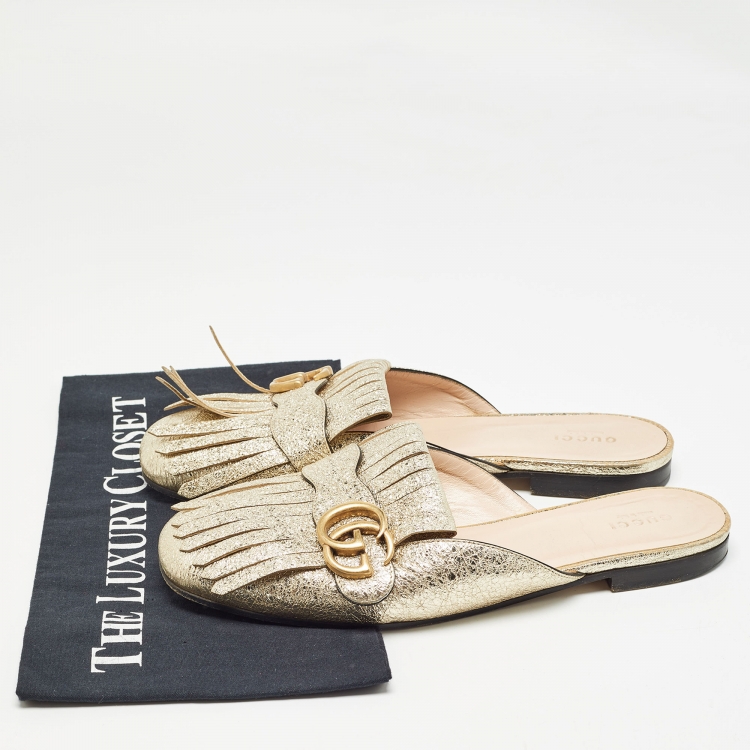 Pre Owned Gucci Gold Leather Fringes GG Marmont Mules Size 39