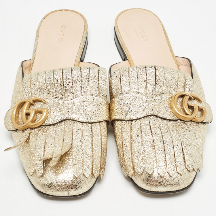 Pre Owned Gucci Gold Leather Fringes GG Marmont Mules Size 39