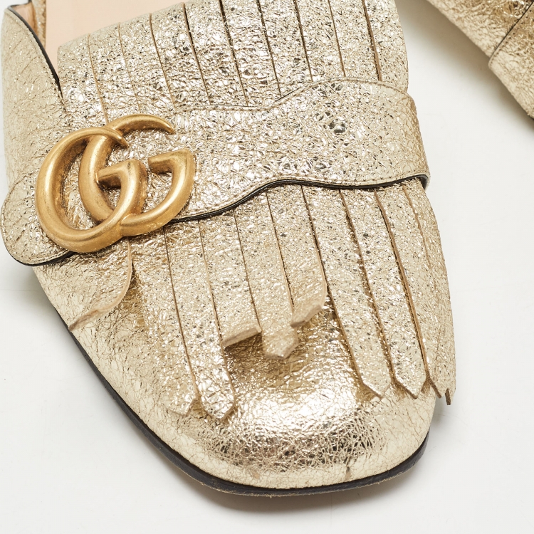 Pre Owned Gucci Gold Leather Fringes GG Marmont Mules Size 39