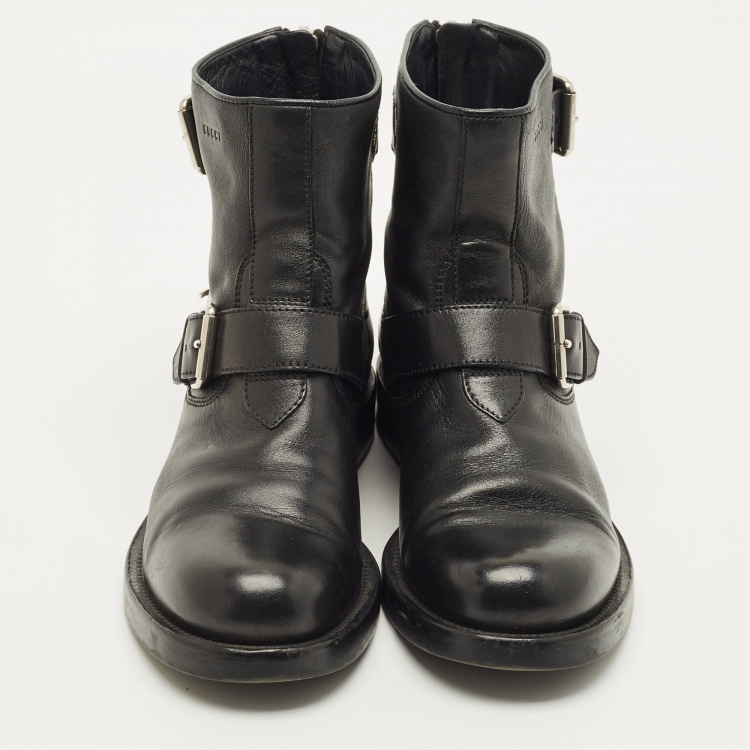 Pre Owned Gucci Size 38 Black Leather Dubble Buckle strap Combat Boots