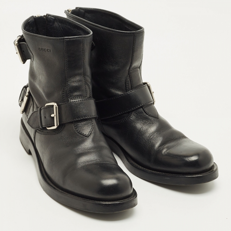 Pre Owned Gucci Size 38 Black Leather Dubble Buckle strap Combat Boots