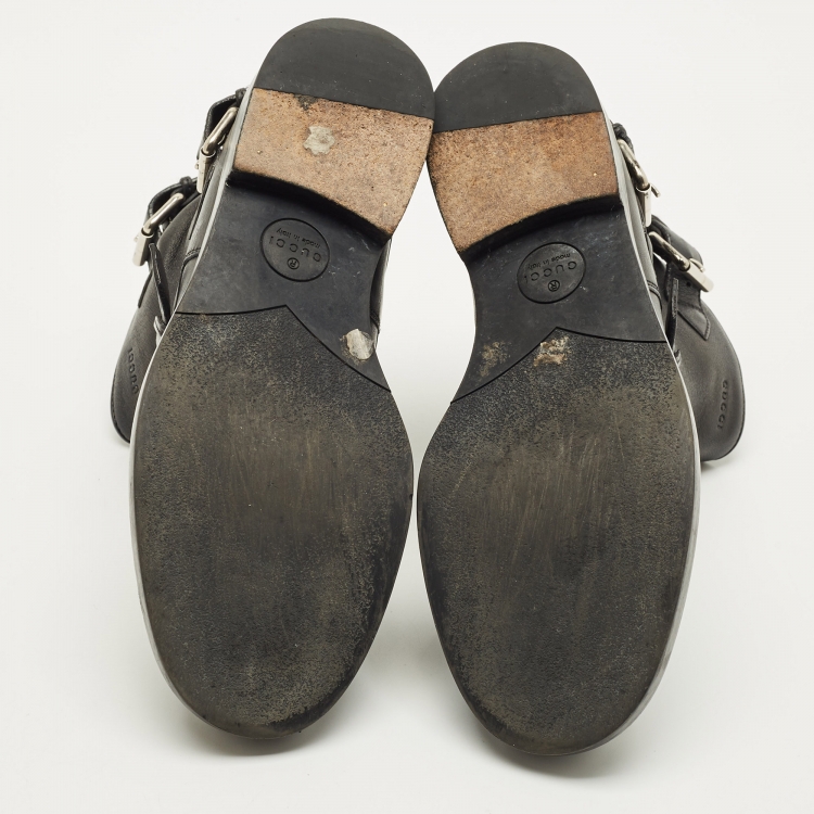 Pre Owned Gucci Size 38 Black Leather Dubble Buckle strap Combat Boots