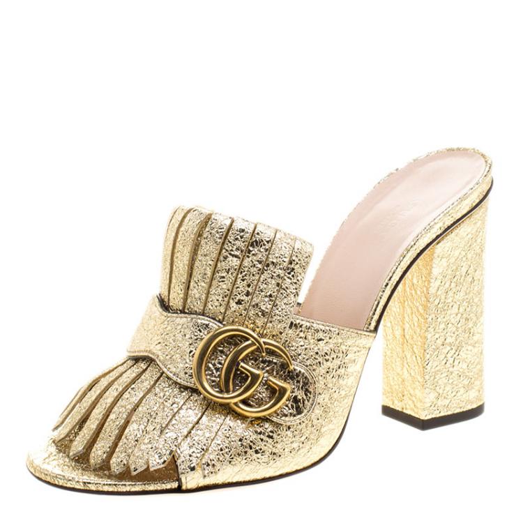 Gucci Metallic Gold Creased Leather Marmont GG Fringe Mules Size  Gucci  | TLC