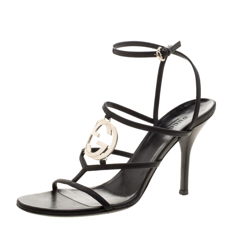 Gucci Black Leather GG Interlocking Cage Sandals Size 39 Gucci