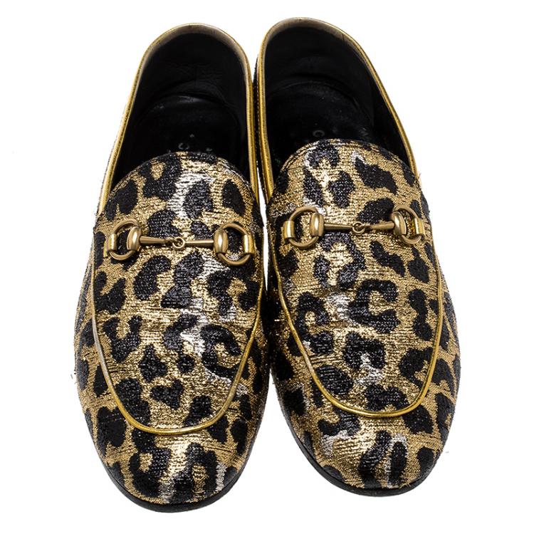 Pre Owned Gucci Gold/Black Leopard Print Lurex Fabric Horsebit Jordaan Loafers Size 39