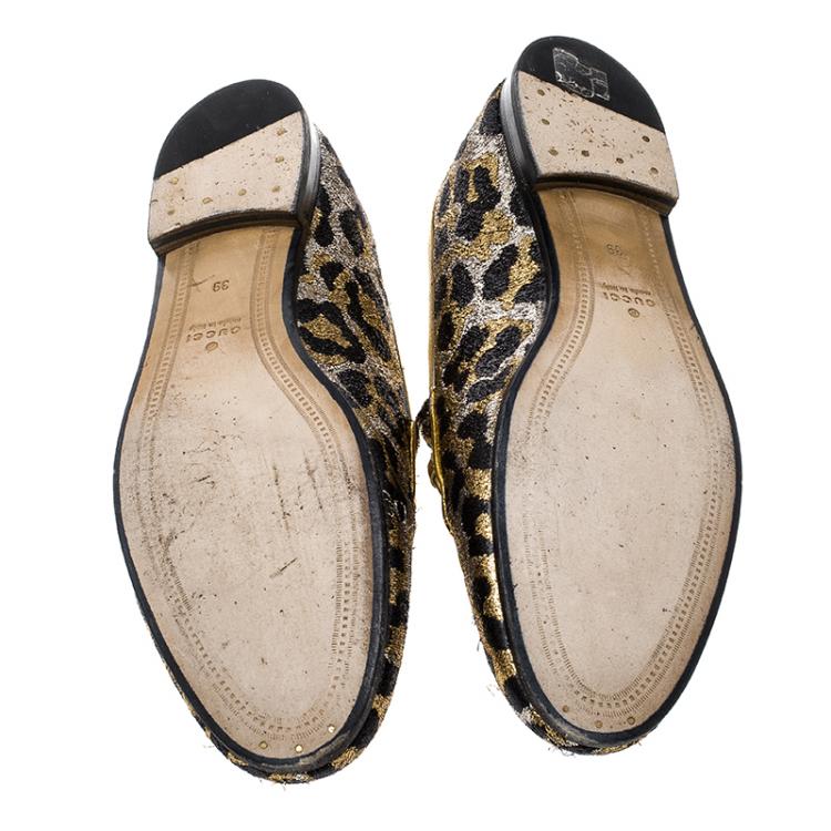 Pre Owned Gucci Gold/Black Leopard Print Lurex Fabric Horsebit Jordaan Loafers Size 39