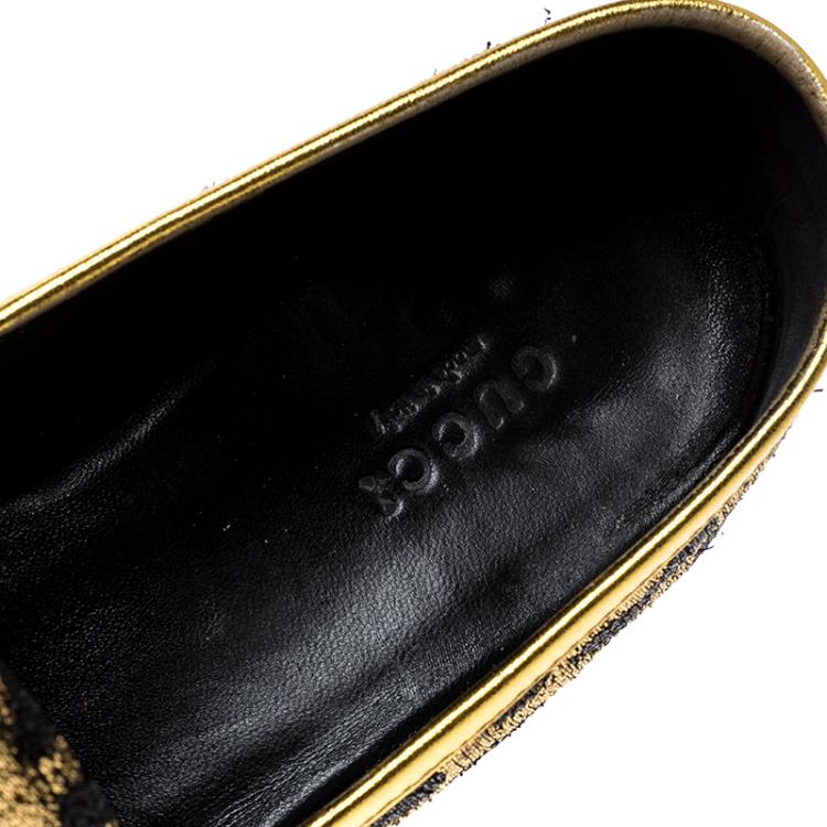 Pre Owned Gucci Gold/Black Leopard Print Lurex Fabric Horsebit Jordaan Loafers Size 39
