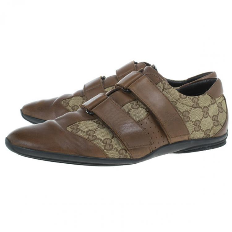 Pre Owned Gucci Guccissima Canvas and Leather Velcro Sneakers Size 43.5