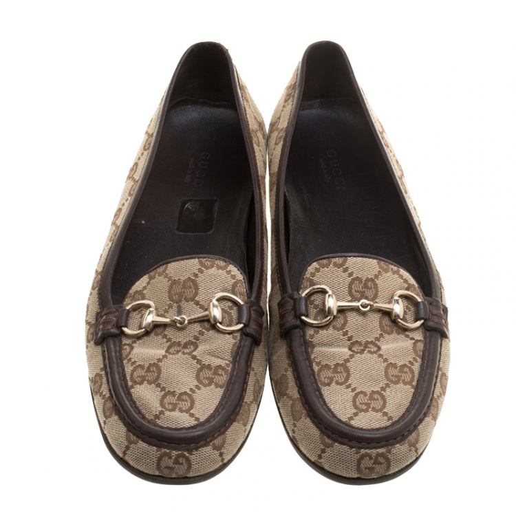 Pre Owned Gucci Beige GG Canvas Horsebit Loafers Size 37.5