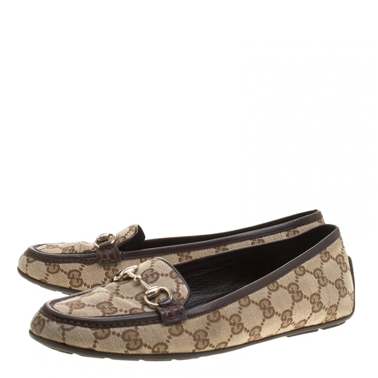 Pre Owned Gucci Beige GG Canvas Horsebit Loafers Size 37.5