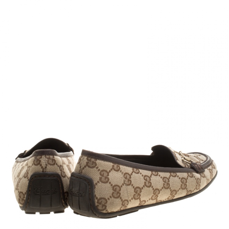Pre Owned Gucci Beige GG Canvas Horsebit Loafers Size 37.5