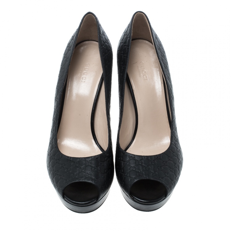Gucci Black Microguccissima Leather Peep Toe Platform Pumps Size 40 Gucci Tlc