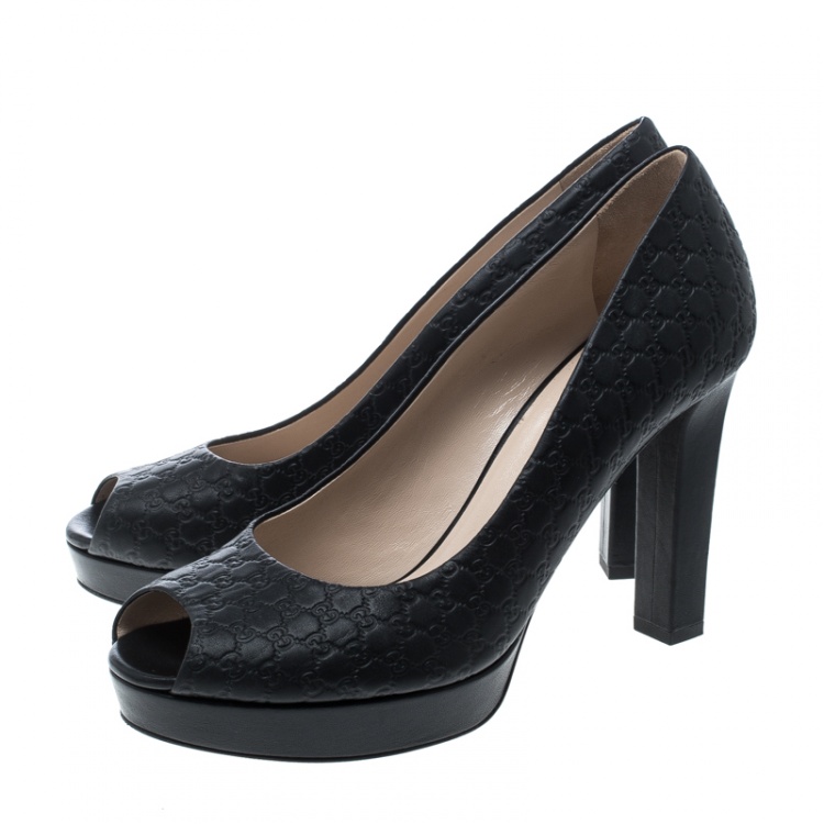 Gucci Black Microguccissima Leather Peep Toe Platform Pumps Size 40 Gucci Tlc