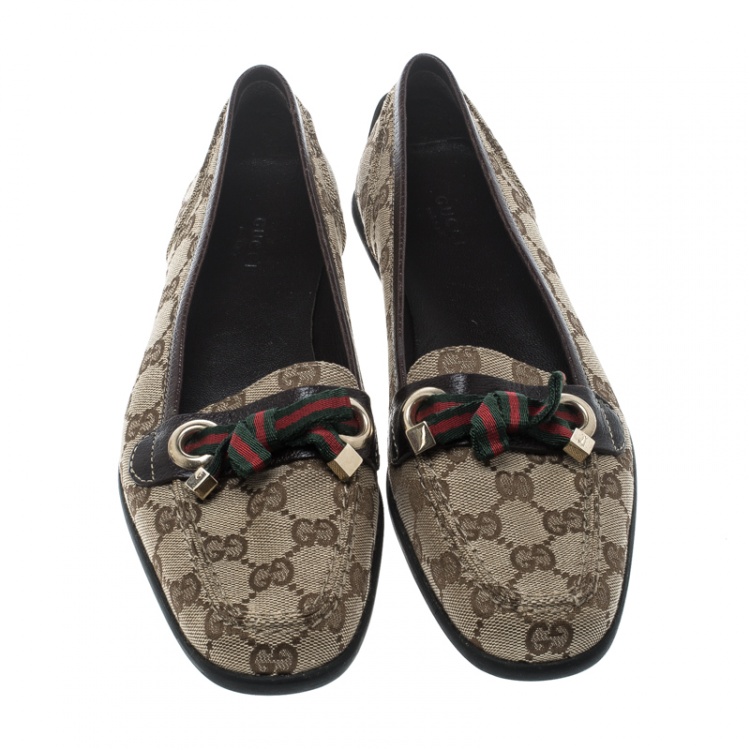 Pre Owned Gucci Beige/Brown GG Canvas and Leather Web Bow Detail Loafers Size 38