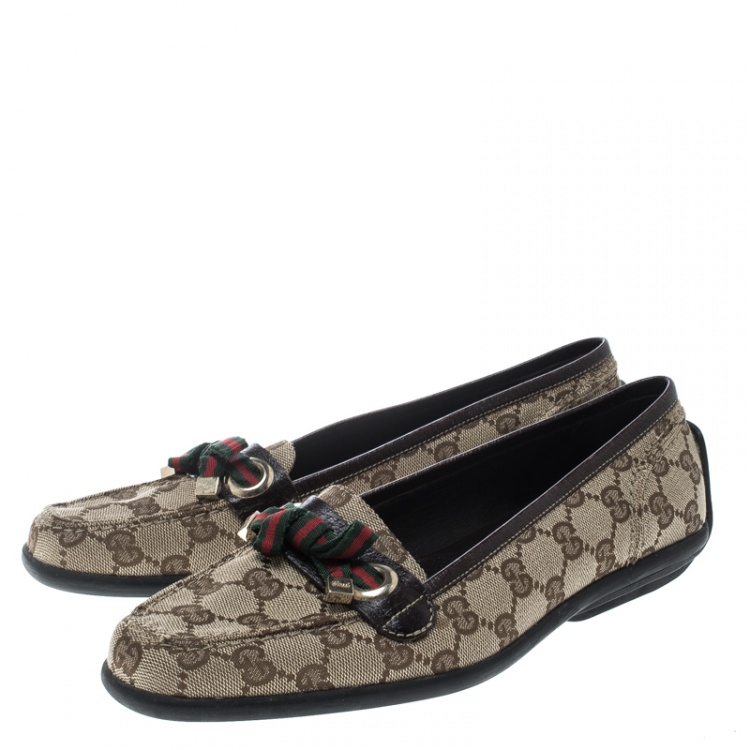 Pre Owned Gucci Beige/Brown GG Canvas and Leather Web Bow Detail Loafers Size 38