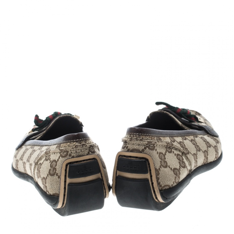 Pre Owned Gucci Beige/Brown GG Canvas and Leather Web Bow Detail Loafers Size 38