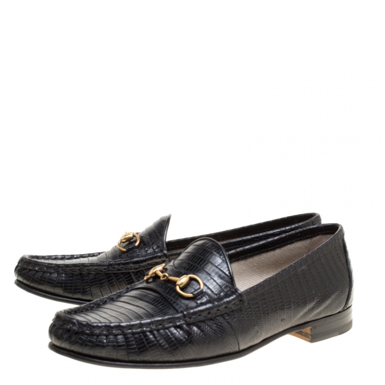 Pre Owned Gucci Black Lizard Leather Horsebit Loafers Size 39