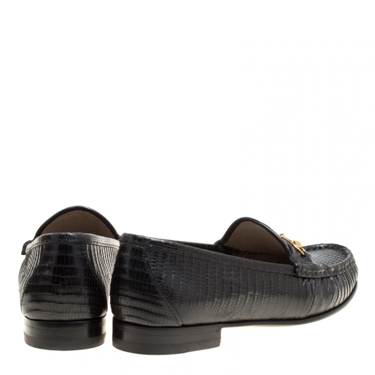 Pre Owned Gucci Black Lizard Leather Horsebit Loafers Size 39