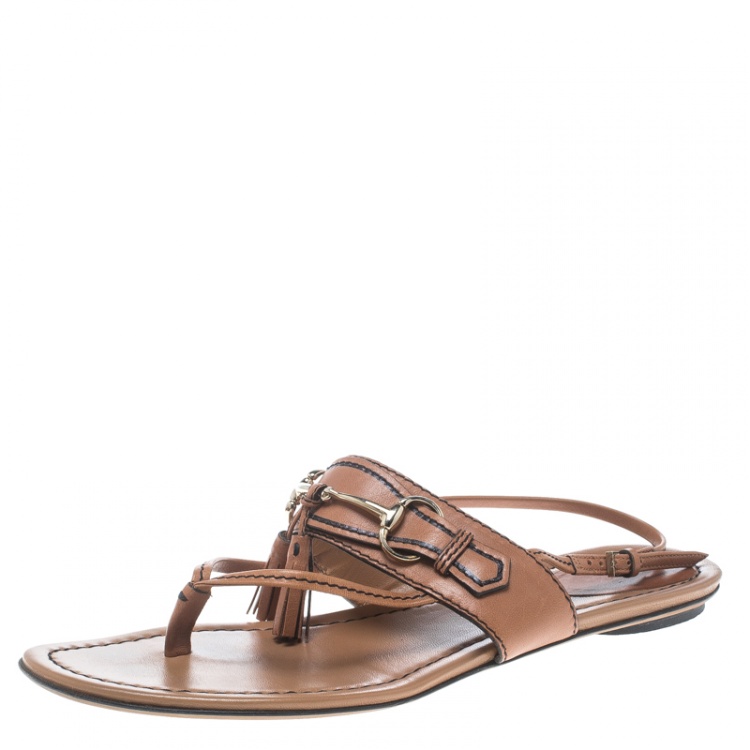 【GUCCI】Horsebit Leather Thong Sandal ブラウン Gucci Brown Leather Horsebit Thong Sandals Size 8.5/39