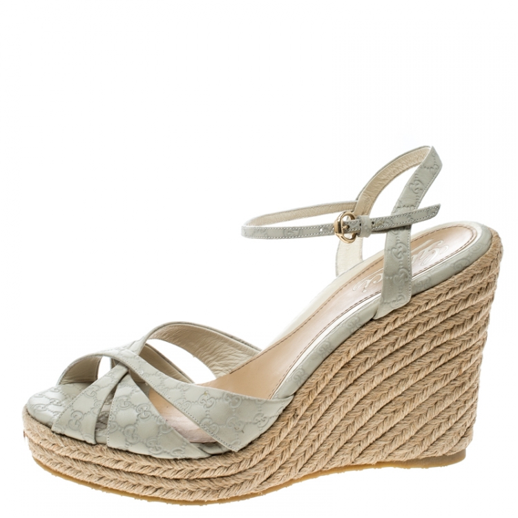 Leather Espadrille Wedge Sandals in White - Gucci