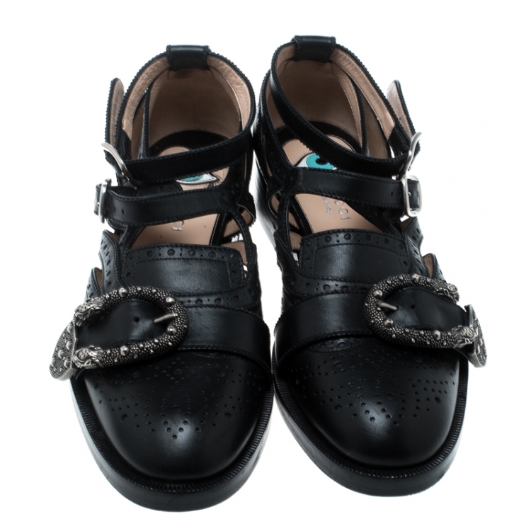 Pre Owned Gucci Black Perforated Leather Queercore Brogues Size 39.5