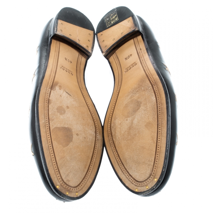 Pre Owned Gucci Black Leather Jordaan Horsebit Embroidered Loafers Size 40.5