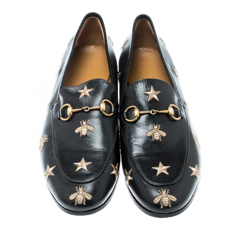 Pre Owned Gucci Black Leather Jordaan Horsebit Embroidered Loafers Size 40.5