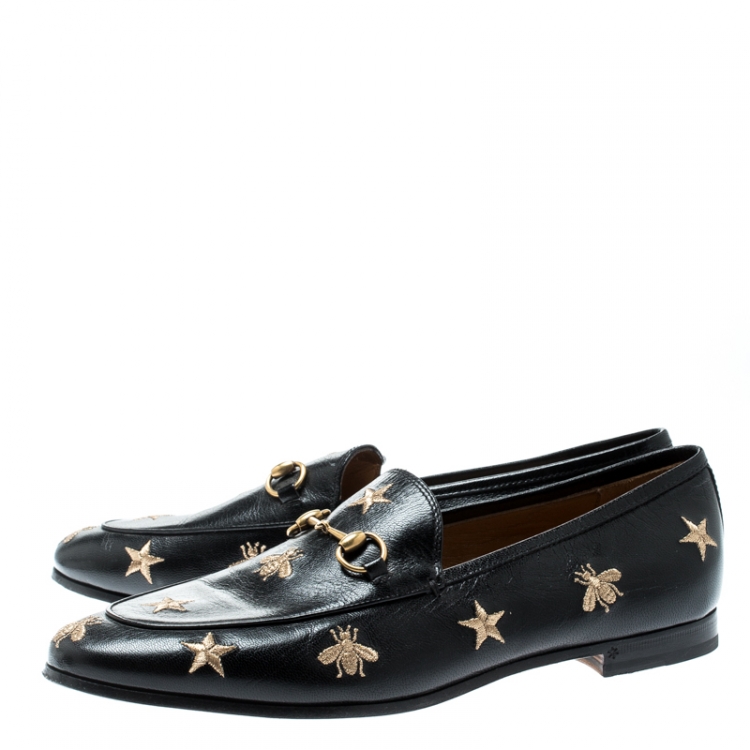 Pre Owned Gucci Black Leather Jordaan Horsebit Embroidered Loafers Size 40.5