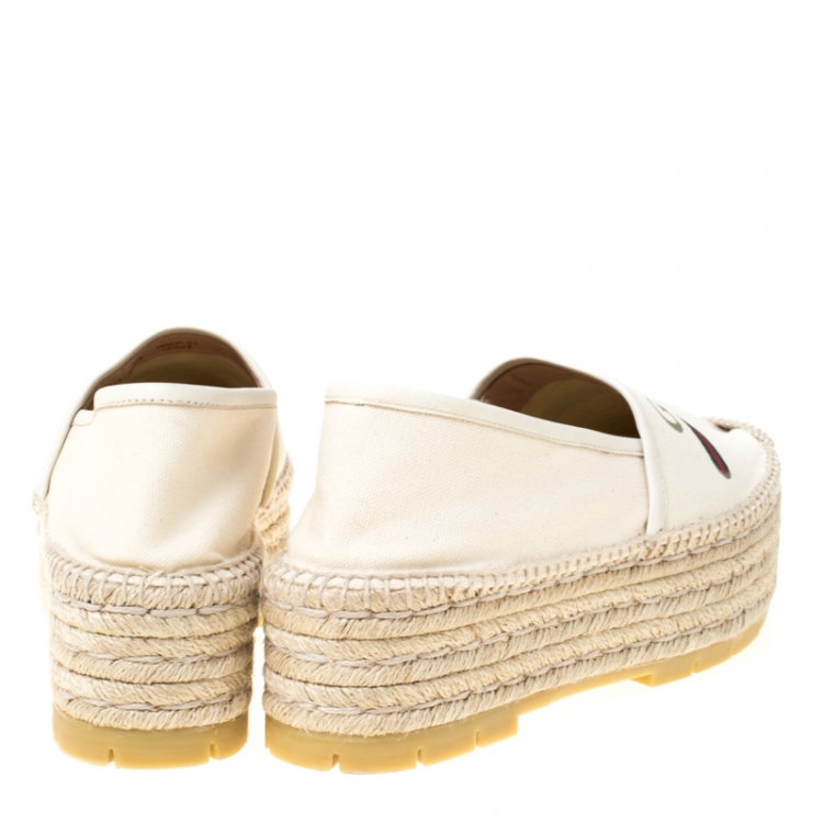 Pre Owned Gucci Off White Canvas Logo Platform Espadrilles Size 39.5
