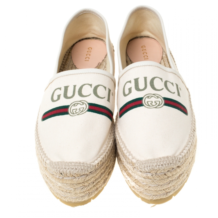 Pre Owned Gucci Off White Canvas Logo Platform Espadrilles Size 39.5