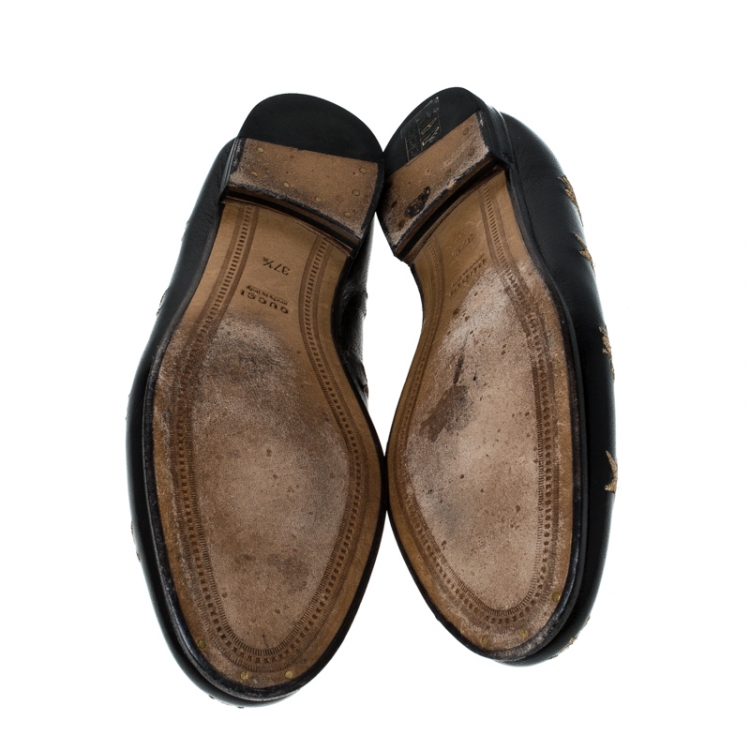 Pre Owned Gucci Black Leather Embroidered Bee Star Horsebit Slip On Loafers Size 37.5