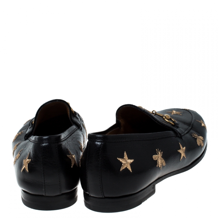 Pre Owned Gucci Black Leather Embroidered Bee Star Horsebit Slip On Loafers Size 37.5