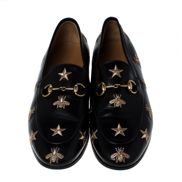 Pre Owned Gucci Black Leather Embroidered Bee Star Horsebit Slip On Loafers Size 37.5