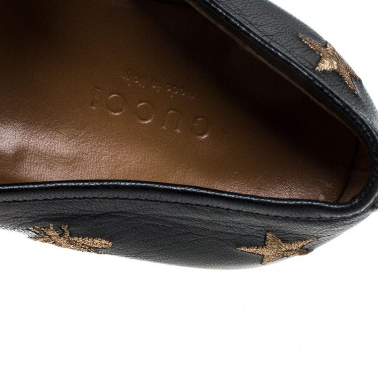 Pre Owned Gucci Black Leather Embroidered Bee Star Horsebit Slip On Loafers Size 37.5