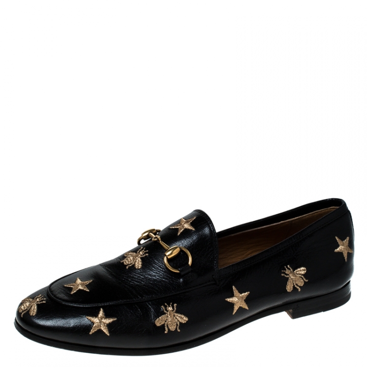 gucci black leather bee loafers