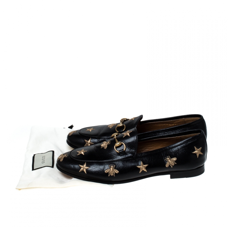 Pre Owned Gucci Black Leather Embroidered Bee Star Horsebit Slip On Loafers Size 37.5