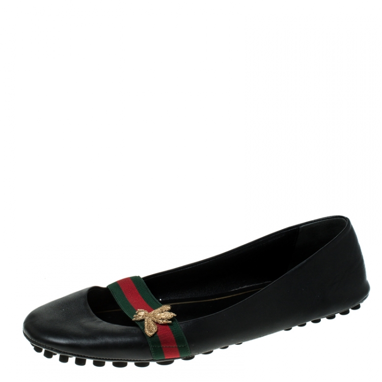 Gucci Black Leather Bayadere Bee Flats 