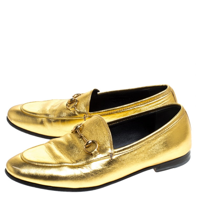 Pre Owned Gucci Gold Leather Jordaan Horsebit Loafers Size 37.5