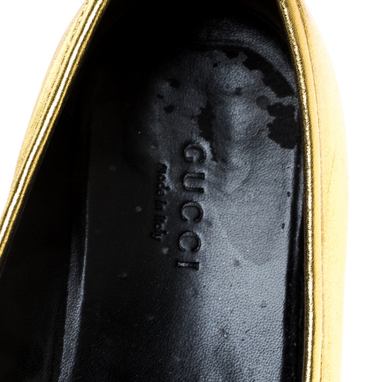 Pre Owned Gucci Gold Leather Jordaan Horsebit Loafers Size 37.5