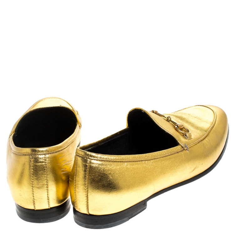 Pre Owned Gucci Gold Leather Jordaan Horsebit Loafers Size 37.5