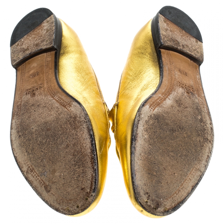 Pre Owned Gucci Gold Leather Jordaan Horsebit Loafers Size 37.5