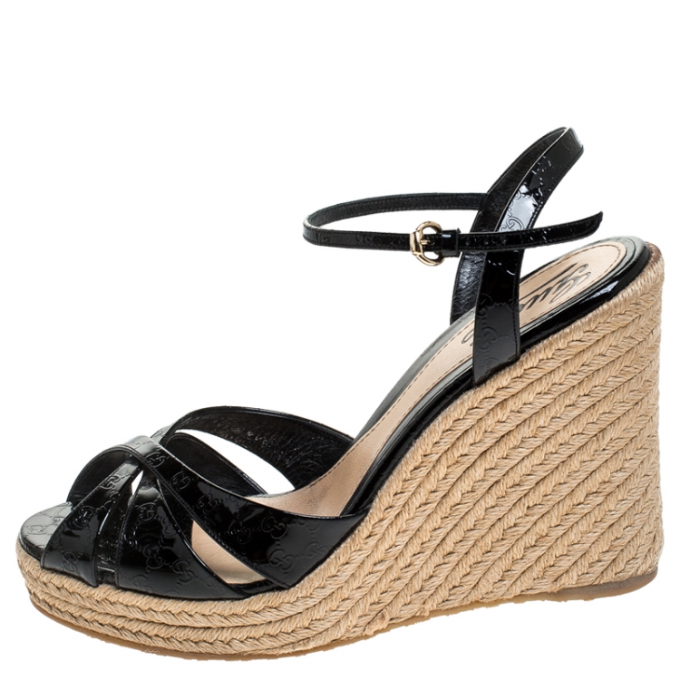 Leather Espadrille Wedge Sandals in White - Gucci