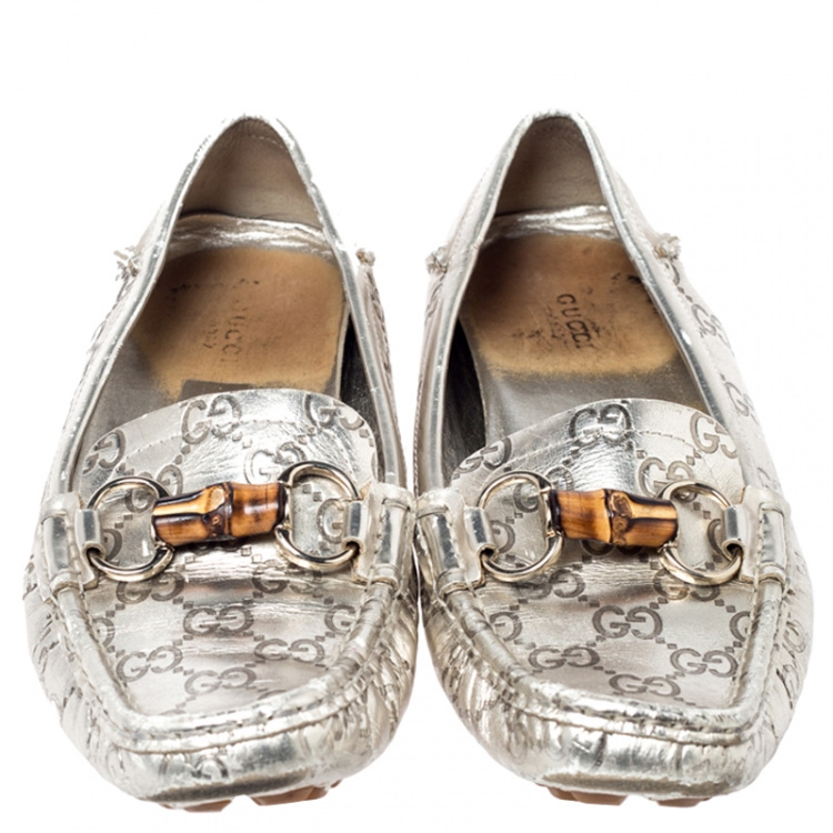 Pre Owned Gucci Silver Leather Guccissima Bamboo Horsebit Loafers Size 39.5