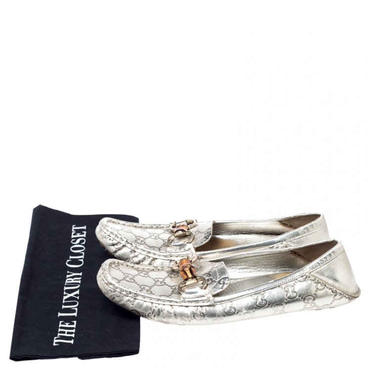 Pre Owned Gucci Silver Leather Guccissima Bamboo Horsebit Loafers Size 39.5
