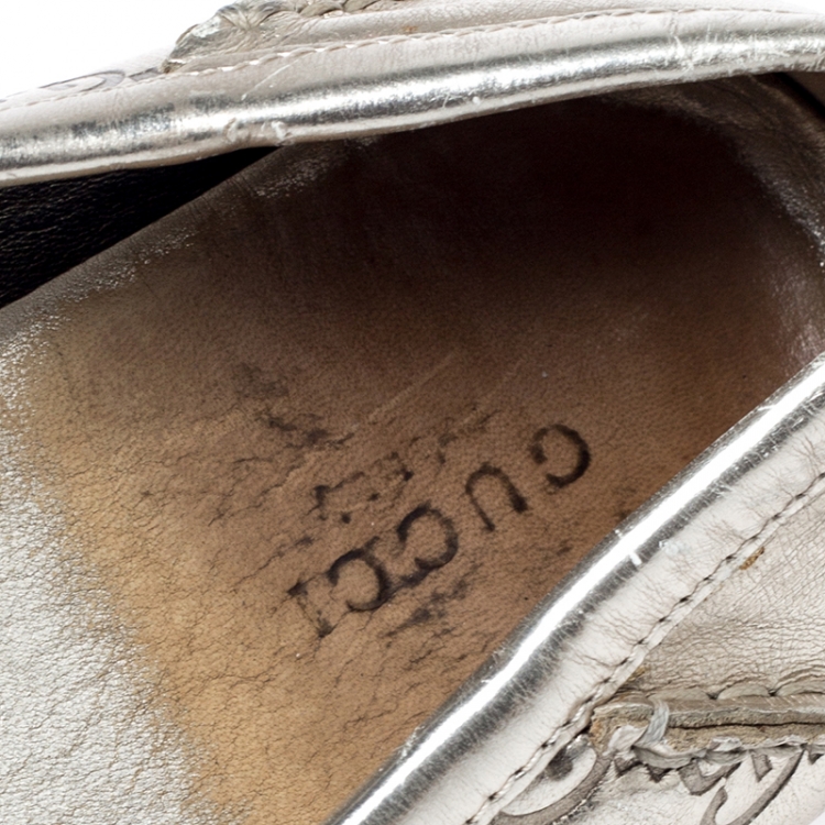 Pre Owned Gucci Silver Leather Guccissima Bamboo Horsebit Loafers Size 39.5