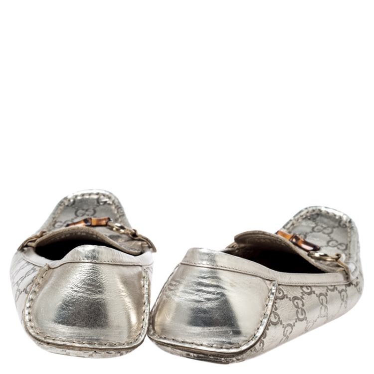 Pre Owned Gucci Silver Leather Guccissima Bamboo Horsebit Loafers Size 39.5
