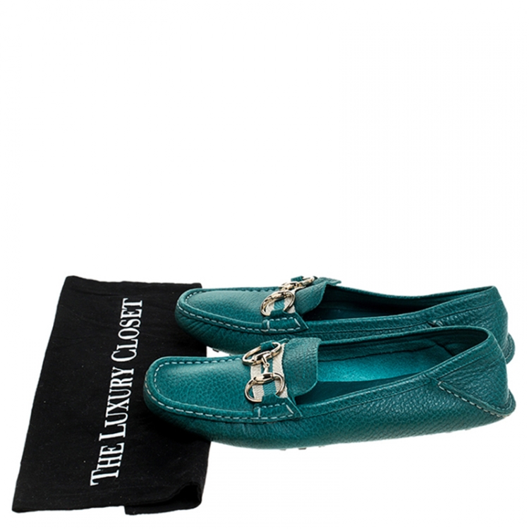 Pre Owned Gucci Blue Leather Horsebit Slip On Loafers Size 39
